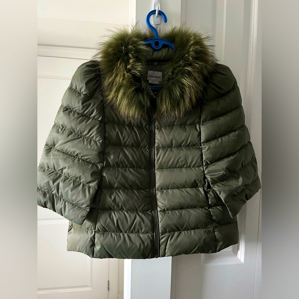 Miss Sixty Olive Green Cape with Faux Fur Collar